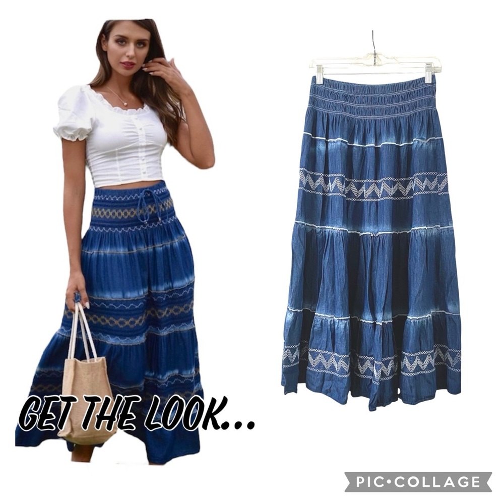 Indigo & Lace Blue Bohemian Maxi Skirt Tiered Embroidered Pull On Size Large